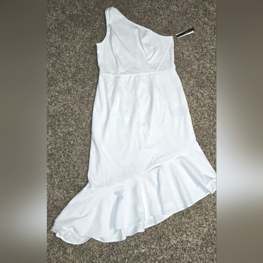NWT White One Shoulder Addison Evenings Asymmetrical Midi Dress Size 12